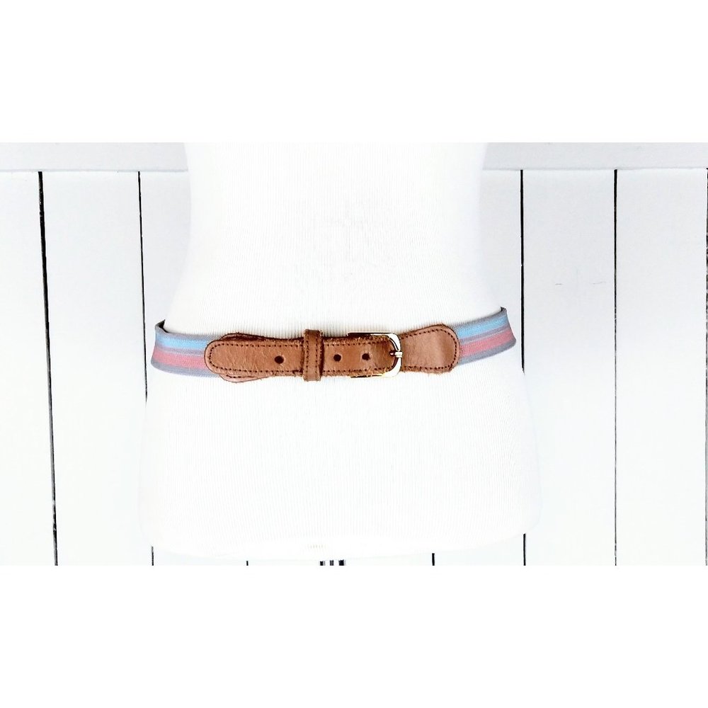 Vintage striped stretch canvas leather belt with gold buckle